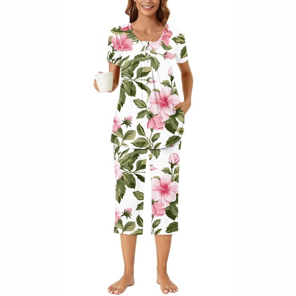 Nrmvnmi Women Pajamas Set Fashion Graphic Prints Sleepwear Sets Crew Neck Short Sleeved Button Fold Top And Elastic Waisted Capri Pants Pajamas Suit Comfortable Fall Loungewear