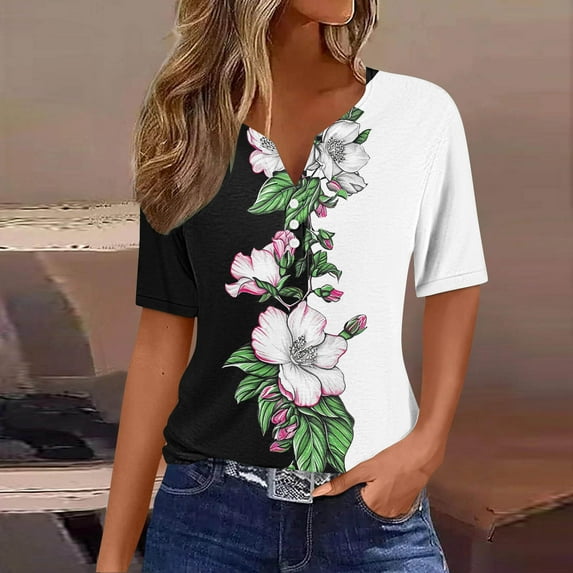 Nrmvnmi Women Short Sleeve Floral Prints Tops 2024 Summer Fashion T Shirt Casual V Neck Pullover Button Plus Size Blouse Tees Mothers Day Gifts