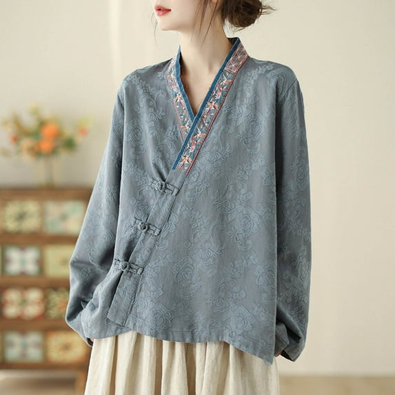 Nrmvnmi Women Solid Color Chinese Blouse Tops Cotton Blend Long Sleeves Mandarin Collar Ethnic Shirt Mothers day Gifts for Wife