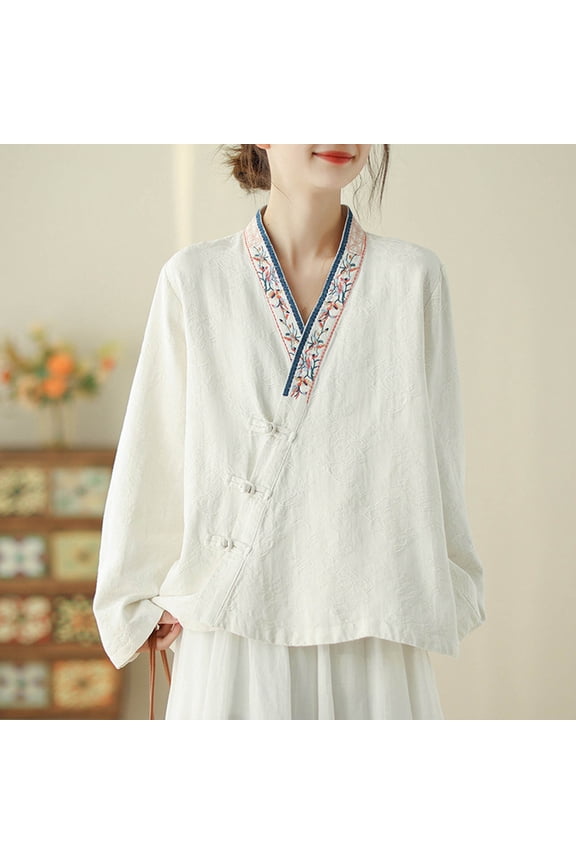 Women Solid Color Chinese Blouse Tops Cotton Blend Long Sleeves Mandarin Collar Ethnic Shirt Mothers day Gifts for Wife