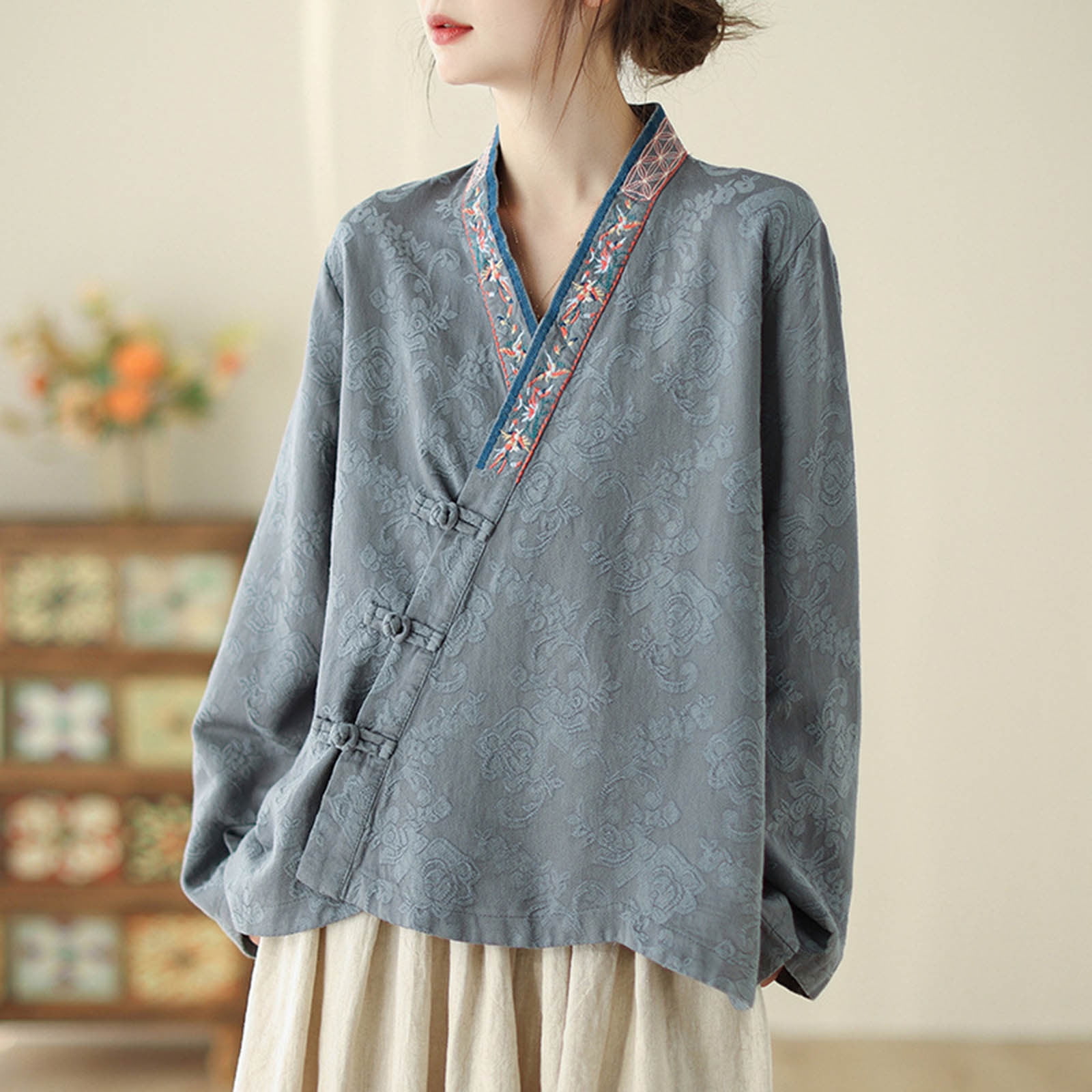 Nrmvnmi Women Solid Color Chinese Blouse Tops Cotton Blend Nrmvnmi Women Solid Color Chinese Blouse Tops Cotton Blend
