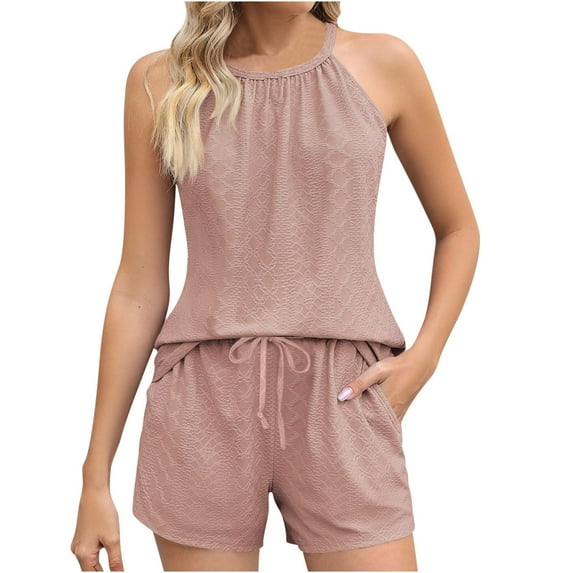 Nrmvnmi Women Summer 2 Piece Sets Casual Solid Shorts Outfits Halter Neck Sleeveless Clothes Vacation Beachwear Pink LMothers Day Gifts