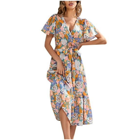 Nrmvnmi Women Summer Bohemian Floral Casual Wrap V Neck Ruffle Short Sleeve Belt A-Line Pleated Hem Midi Sun Dress Yellow LMothers Day Gifts