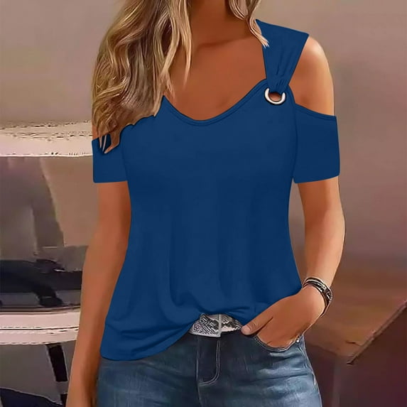 Nrmvnmi Women Summer Cold Shoulder Tops Loose V Neck Short Sleeve Blouses Sexy Casual Short Sleeves Tunic Shirts For Mothers day gifts