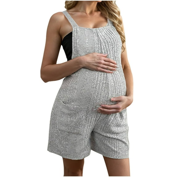Nrmvnmi Women Summer Maternity Rompers Fashion Solid Color Sleeveless Spaghetti Strap Pocketed Pregnant Cotton Jumpsuit Shorts