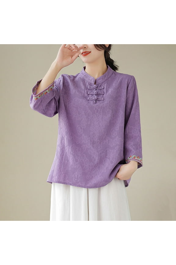 Women Summer Solid Color 3/4 Sleeve Chinese Blouse Top Traditional Mandarin Collar Ethnic Cotton Linen Qipao Shirt Mothers day Gifts for Wife