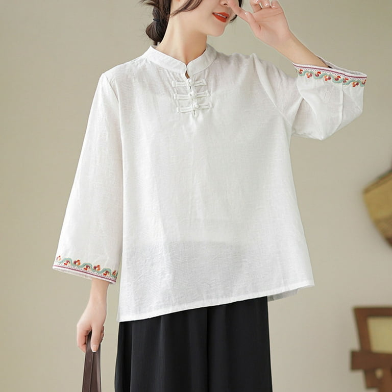 Nrmvnmi Women Summer Solid Color 3/4 Sleeve Chinese Blouse