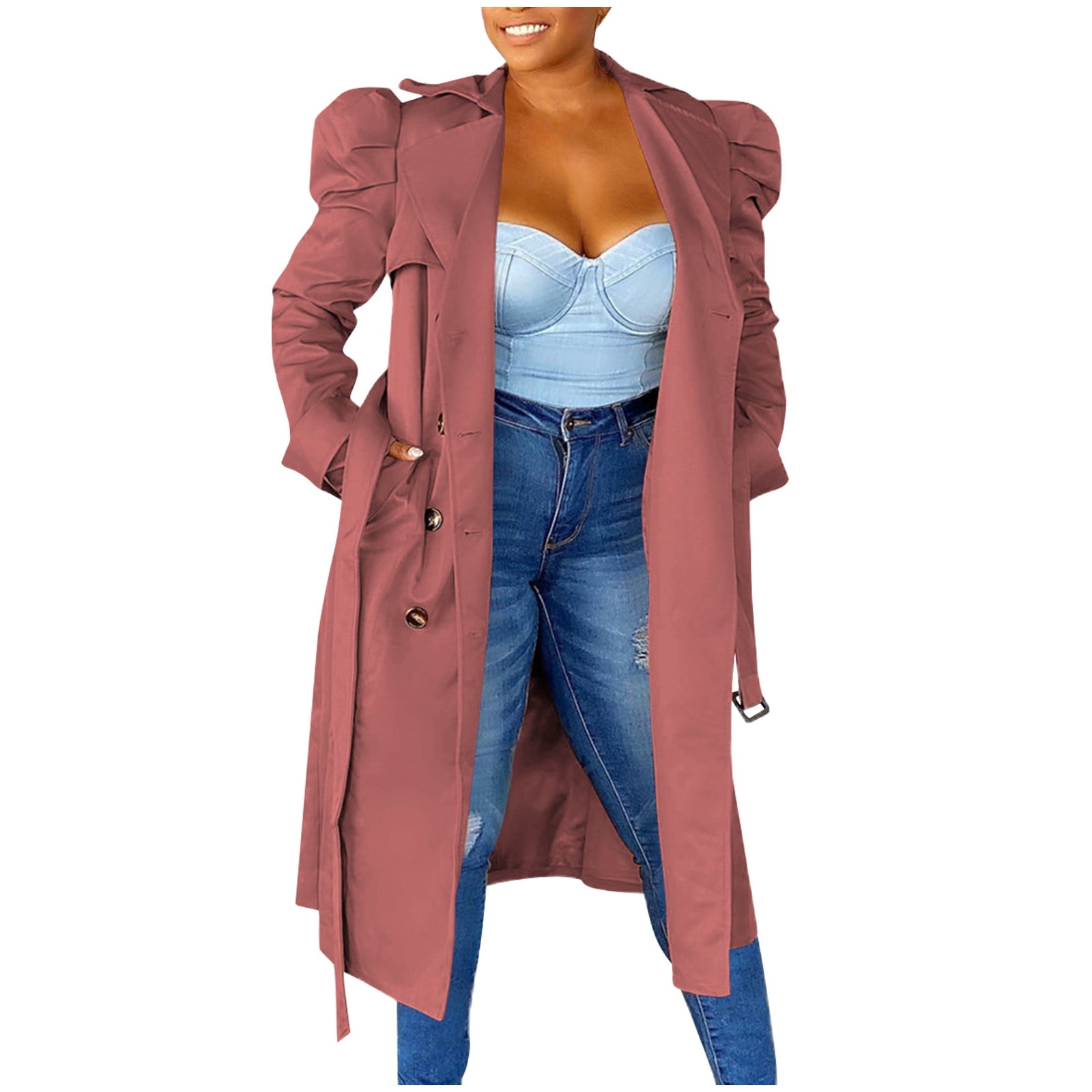 Nrmvnmi Women Trench Coat Elegant Solid Color Long Puff