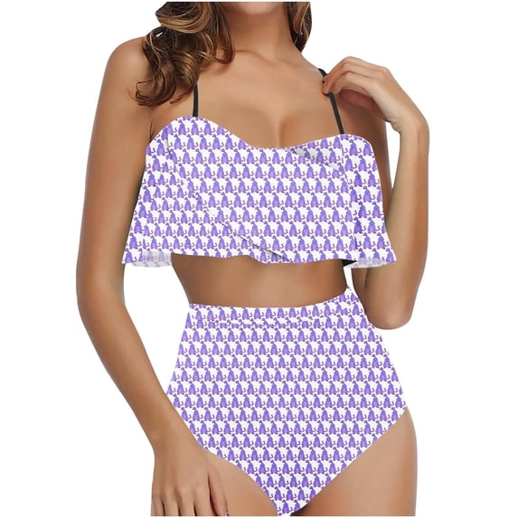 Nrmvnmi Women Two Piece Swimsuits Halter Top And Underpants Ruffle High Waisted Bikini Ruched Bathing Suit with Bottom Mothers Day Gifts
