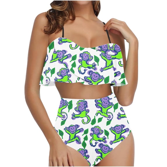 Nrmvnmi Women Two Piece Swimsuits Halter Top And Underpants Ruffle High Waisted Bikini Ruched Bathing Suit with Bottom Mothers Day Gifts