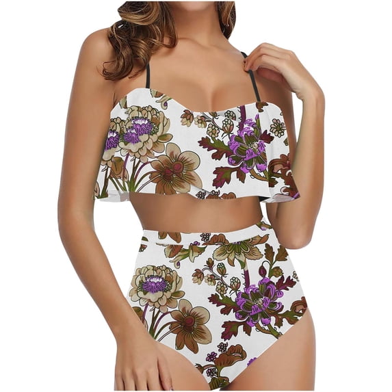 Nrmvnmi Women Two Piece Swimsuits Halter Top And Underpants Ruffle High Waisted Bikini Ruched Bathing Suit with Bottom Mothers Day Gifts