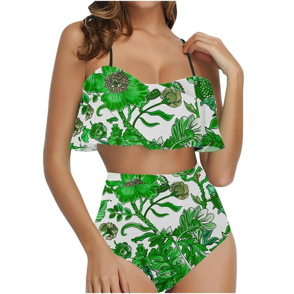 Nrmvnmi Women Two Piece Swimsuits Halter Top And Underpants Ruffle High Waisted Bikini Ruched Bathing Suit with Bottom Mothers Day Gifts