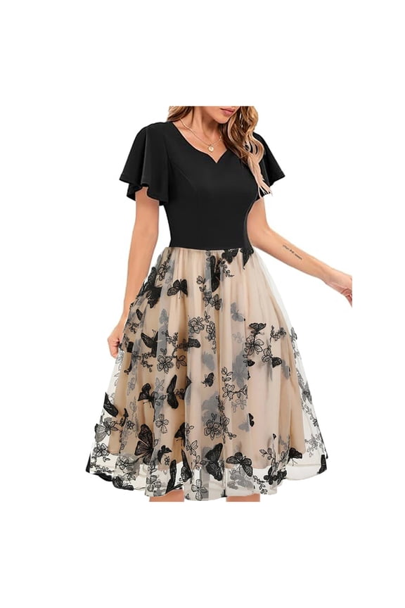 Women Vintage Off Shoulder Rose Embroidered Floral Evening Dress V Neck Short 3/4 Sleeves Wedding Cocktail A Line Midi Gown Black-S