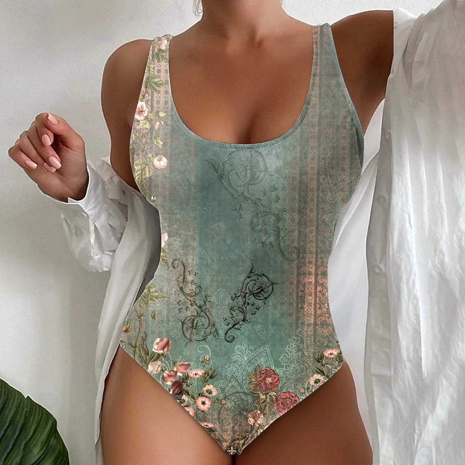 Nrmvnmi Women Vintage Print Sexy One Piece Swimsuits Halter Push Up Bathing Suits Olive GreenS