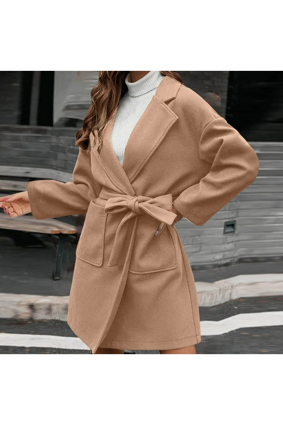 Women Winter Faux Wool Blend Camel Mid-Long Coat Solid Color Knit Coats Notch Double-Breasted Lapel Jacket Front Button Closure Cardigan Outwear Khaki