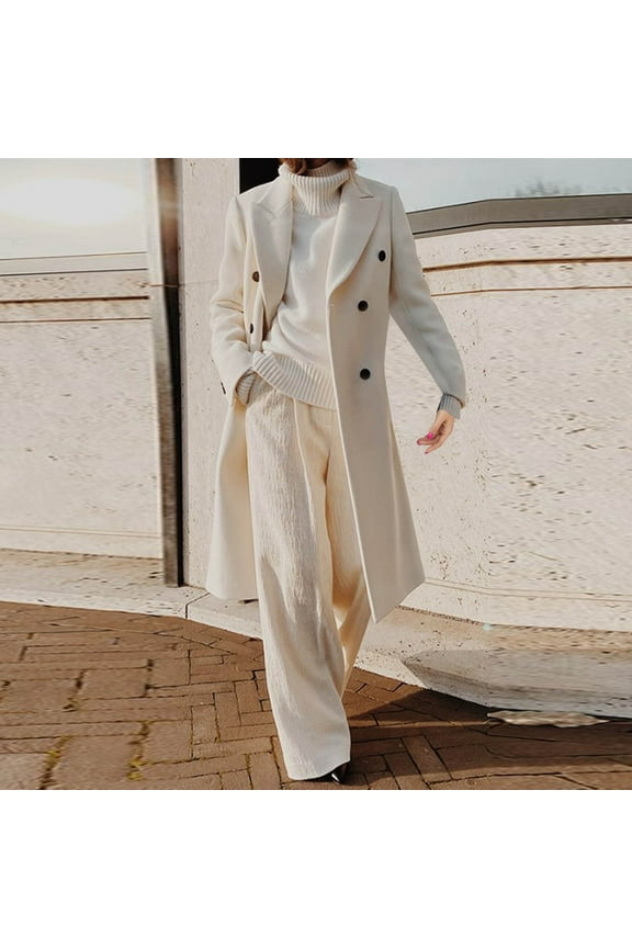 Women Winter Faux Wool Blend Camel Mid-Long Coat Solid Color Knit Coats Notch Double-Breasted Lapel Jacket Front Button Closure Cardigan Outwear White