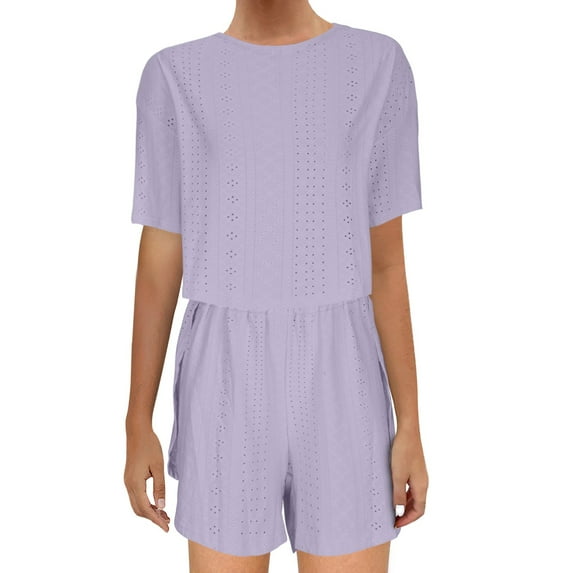 Nrmvnmi Women's 2 Piece Eyelet Summer Outfits Short Sleeve Crewneck Tops Matching High Waisted Shorts Set Vacation Outfits Purple MMothers Day Gifts