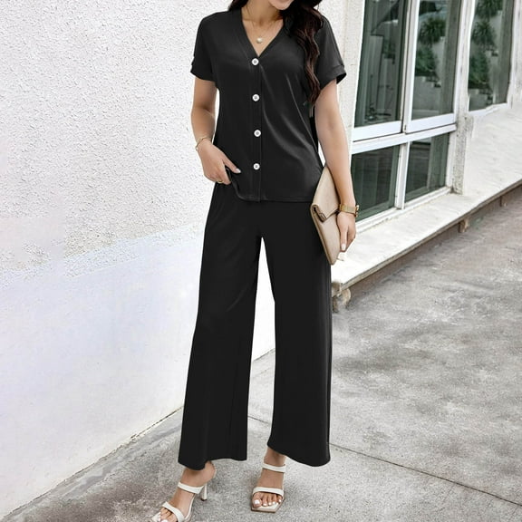 Nrmvnmi Women's 2 Piece Outfits V Neck Short Sleeve Button Front Tank Top And High Waist Straight Wide Leg Long Pants Set Mothers Day Gifts