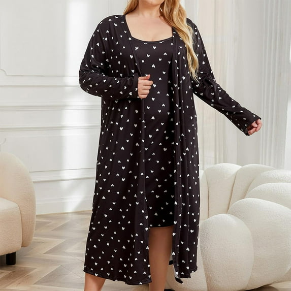 Nrmvnmi Women's 2 Piece Pajamas Set Cute Heart Graphic Prints Ladies Plus Size Cami Dress And Kimono Robe Long Sleeve Sleepwear Comfortable Loungewear Sets