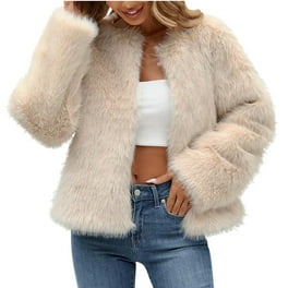 Penkiiy Women's Fashion Cropped Faux Fur Jacket Long Sleeve