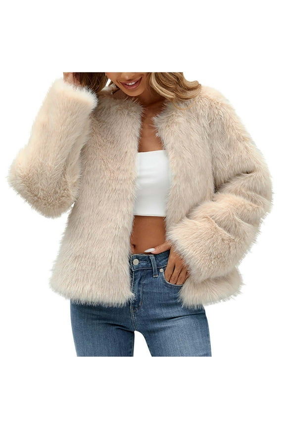 Women's 2024 Fashion Cropped Faux Fur Jacket Long Sleeve Open Front Cardigan Casual Fluffy Parka Shaggy Short Coat Lightweight Warm Winter Coat Beige L