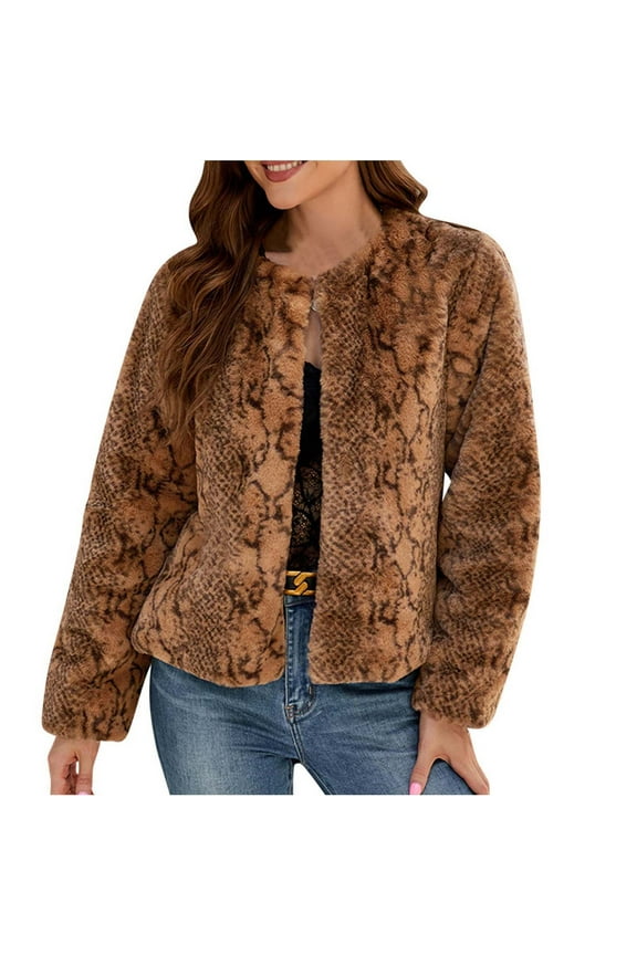 Women's 2024 Fashion Cropped Faux Fur Jacket Long Sleeve Open Front Cardigan Casual Fluffy Parka Shaggy Short Coat Lightweight Warm Winter Coat Coffee 3XL