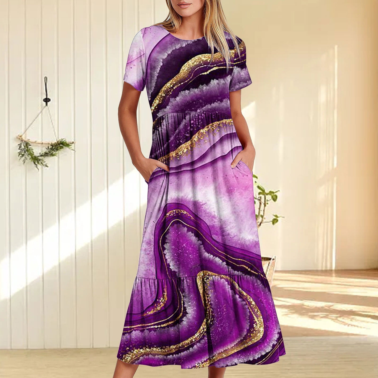 Women's Floral Print Long Sleeve Maxi Dress With Pockets - Summer Casual Button Down Dress - View #2