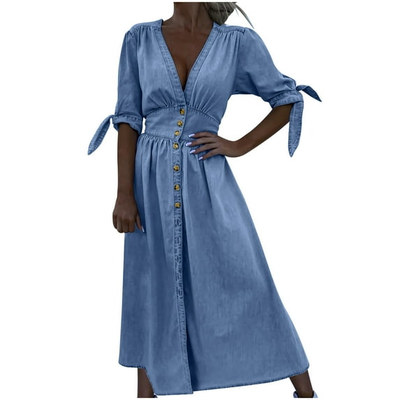 Nrmvnmi Women's 2024 Summer Denim Dress Sweet & Cute V-Neck Self Tie Short Sleeve Flared Button Front Shirt Dresses Casual Jean Dresses Blue LMothers Day Gifts