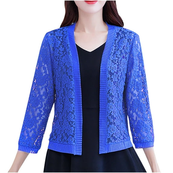 Nrmvnmi Women’s 3/4 Sleeve Lace Cardigan Floral Embroidered Blouse Long Sleeve Open Front Floral Crochet Shrug Cover Up Lace Shrug Summer Jacket Blue