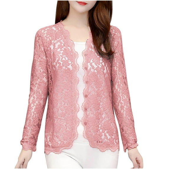 Nrmvnmi Women’s 3/4 Sleeve Lace Cardigan Floral Embroidered Blouse Long Sleeve Open Front Floral Crochet Shrug Cover Up Lace Shrug Summer Jacket Pink