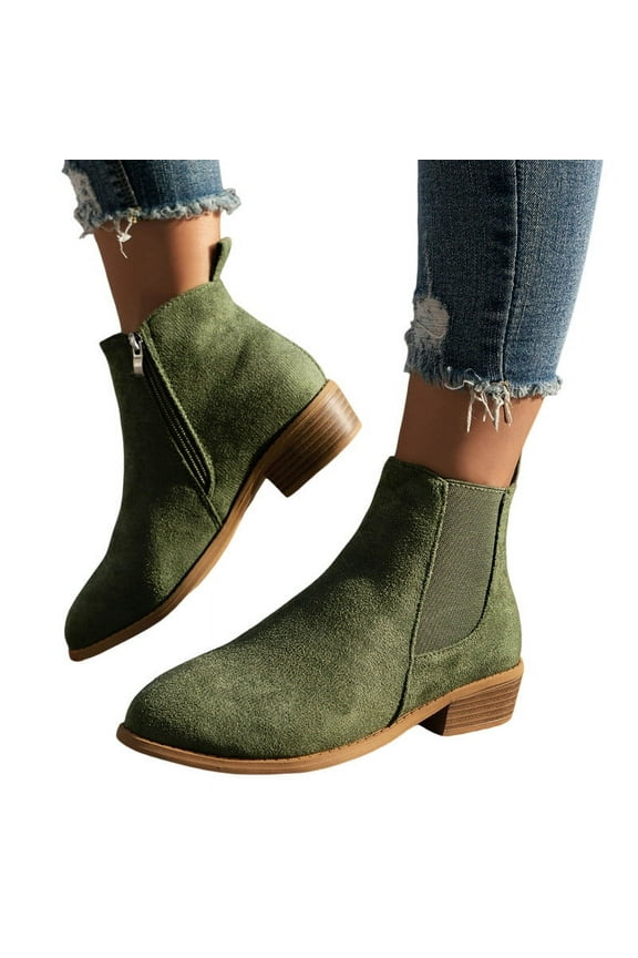 Women's Ankle Boots Closed Toe Four Seasons Thick Heel Low Heels Solid Color Low Top Side Zipper Hooded Short Boots Olive Green Mothers Day Gifts