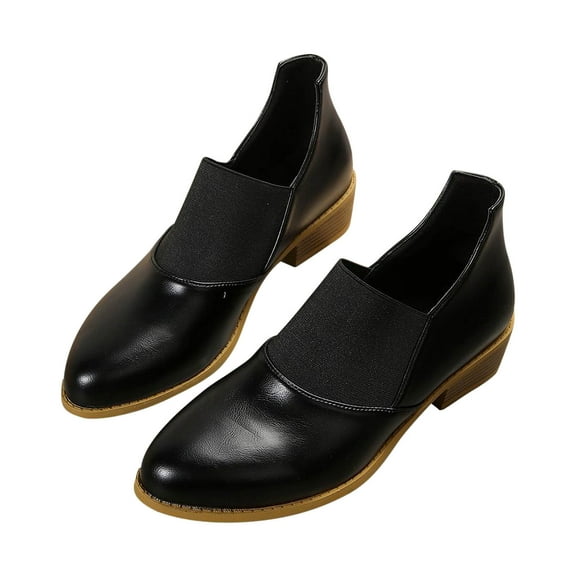 Nrmvnmi Women's Ankle Boots Pointed Toe Leather Spliced Chunky Heel Leather Shoes Booties Black Mothers Day Gifts