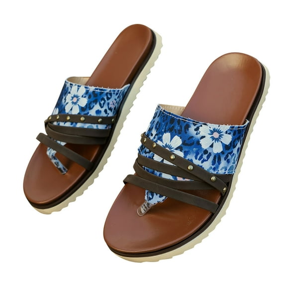 Nrmvnmi Women's Beach Retro Flip-Flop Slides Summer Strap Beach Slippers Comfortable Walking Thong Sandals Slip on Indoor Outdoor Blue Mothers Day Gifts