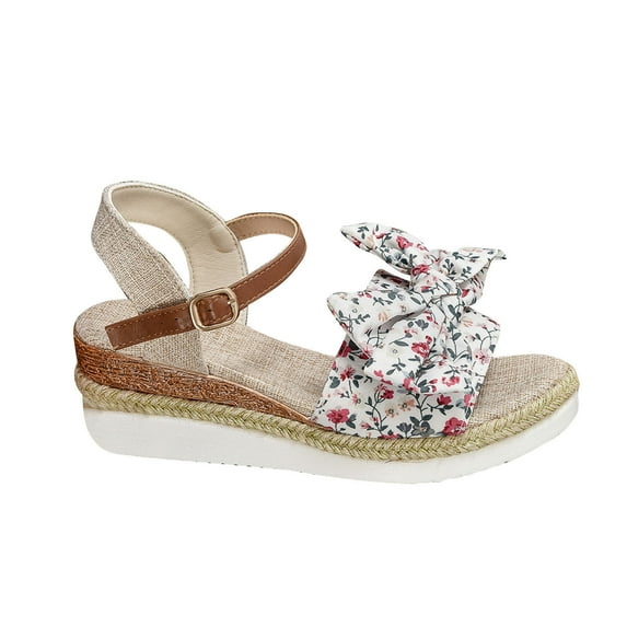 Nrmvnmi Women's Boho Wedge Sandals Open Toe Ankle Strap Summer Floral Bohemian Shoes Platform Bow Beach Roman Sandals White Mothers Day Gifts
