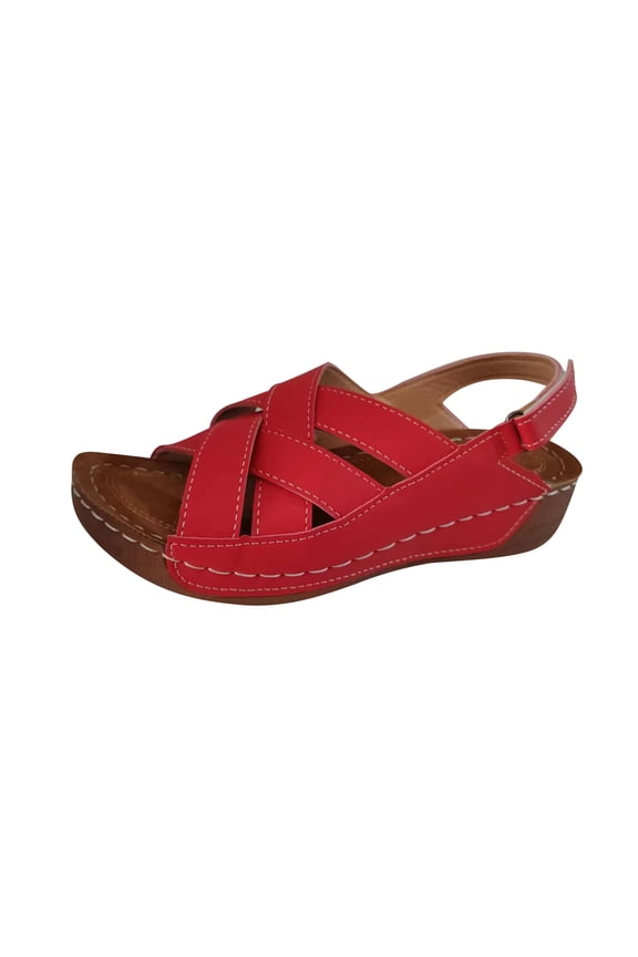 Women's Boho Wedge Sandals Open Toe Ankle Strap Summer Slingback Solid Color Platform Sandals Red Mothers Day Gifts