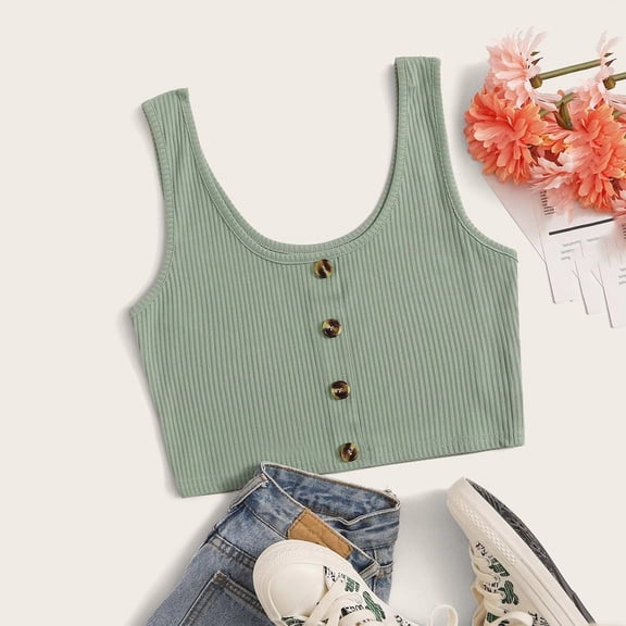 Nrmvnmi Women's Casual Sleeveless Button-Down Shirts Basic Solid Color Crop Tank Tops Green-S