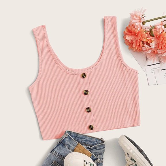 Nrmvnmi Women's Casual Sleeveless Button-Down Shirts Basic Solid Color Crop Tank Tops Pink-L