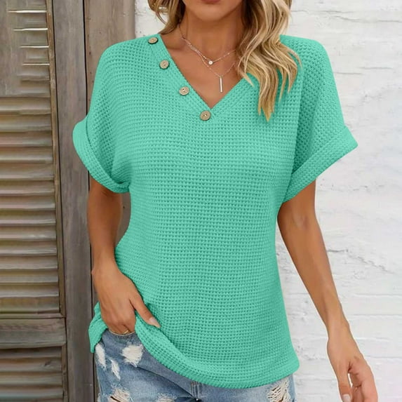 Nrmvnmi Women's Casual V Neck Short Sleeve Shirts Waffle Knit Loose Tunic Tops Blouses For Mothers day gifts
