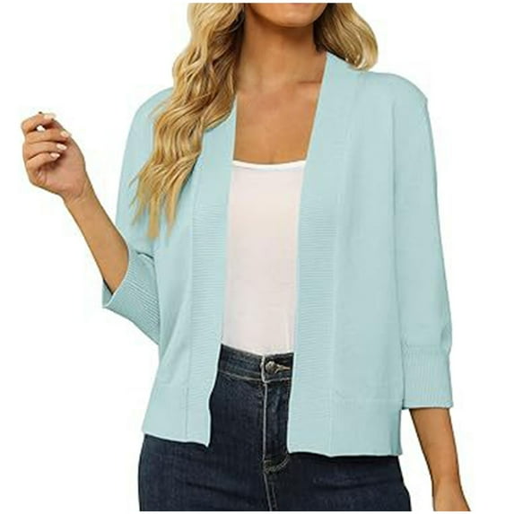 Nrmvnmi Women's Classic 3/4 Sleeve Open Front Cropped Cardigan Sweater Lightweight Knit Short Shrugs Sky Blue