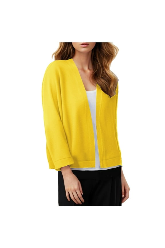 Women's Classic 3/4 Sleeve Open Front Cropped Cardigan Sweater Lightweight Knit Short Shrugs Yellow