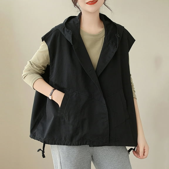 Nrmvnmi Women's Cotton Linen Vest Casual Solid Color Sleeveless Button Down V Neck Blazer Waistcoat Sleeveless Jacket with 2 Side Pockets Black