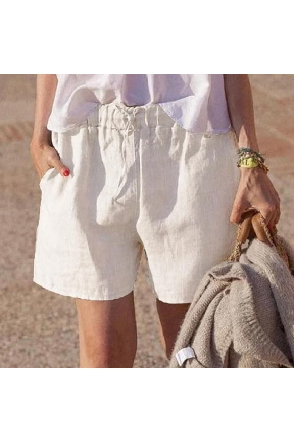 Women's Elastic Waist Casual Comfy Cotton Linen Beach Shorts with Drawstring Knee Length Curling Bermuda Shorts Mothers day Gifts for Wife