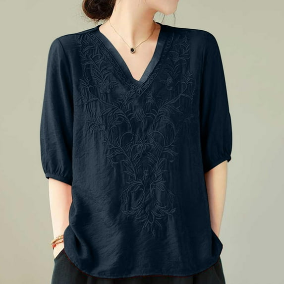 Nrmvnmi Women's Embroidered Blouse Cotton Linen Tops Short Sleeve V Neck Blouse Peasant Boho Mexican Tunic Top Casual T Shirt For Mother day Gifts