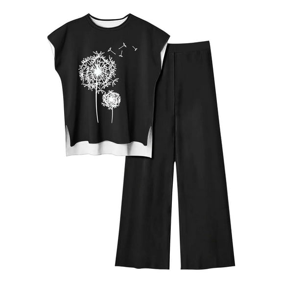 Nrmvnmi Women's Floral Printed 2 Piece Outfits Cap Sleeveless Pullover Sweater High Low Vest Tops Elastic Waisted Pants Loungwear Set Black 3XLMothers Day Gifts