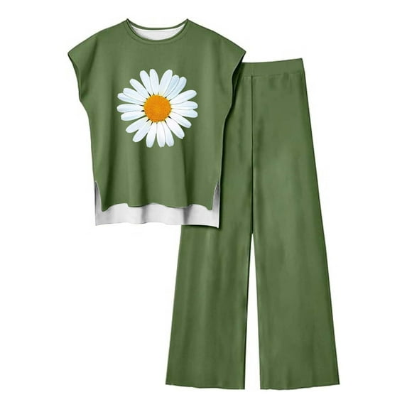 Nrmvnmi Women's Floral Printed 2 Piece Outfits Cap Sleeveless Pullover Sweater High Low Vest Tops Elastic Waisted Pants Loungwear Set Green MMothers Day Gifts
