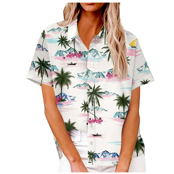 Nrmvnmi Women's Hawaiian Shirts Floral Button Summer Soft Short Sleeve Button Down Shirts White 2XLMothers Day Gifts