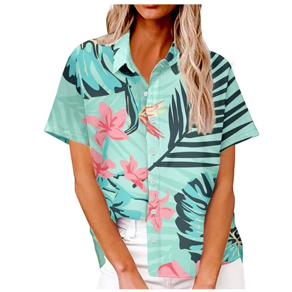 Nrmvnmi Women's Hawaiian Shirts Summer Floral Tropic Print V Neck T-Shirt Short Sleeve Button Up Tops Soft Shirts Light Blue MMothers Day Gifts