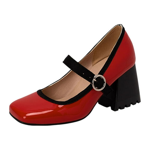 Nrmvnmi Women's High Chunky Closed Toe Mary Shoes Block Heels Square Toe Strappy Buckle Dress Wedding Party Pumps Shoes Red Mothers Day Gifts