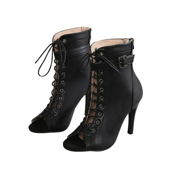 Nrmvnmi Women's High-Heels Ankle Boots Open Toe Suede Strap Front Lace-Up High Heels Sandals Black Mothers Day Gifts