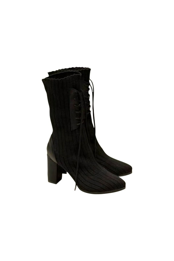 Women's High-Heels Mid Calf Boots Closed Toe Plus Size Fly Woven Medium Thick Heel Socks Boots Lace Up Boots Mid Length Boots Black Mothers Day Gifts